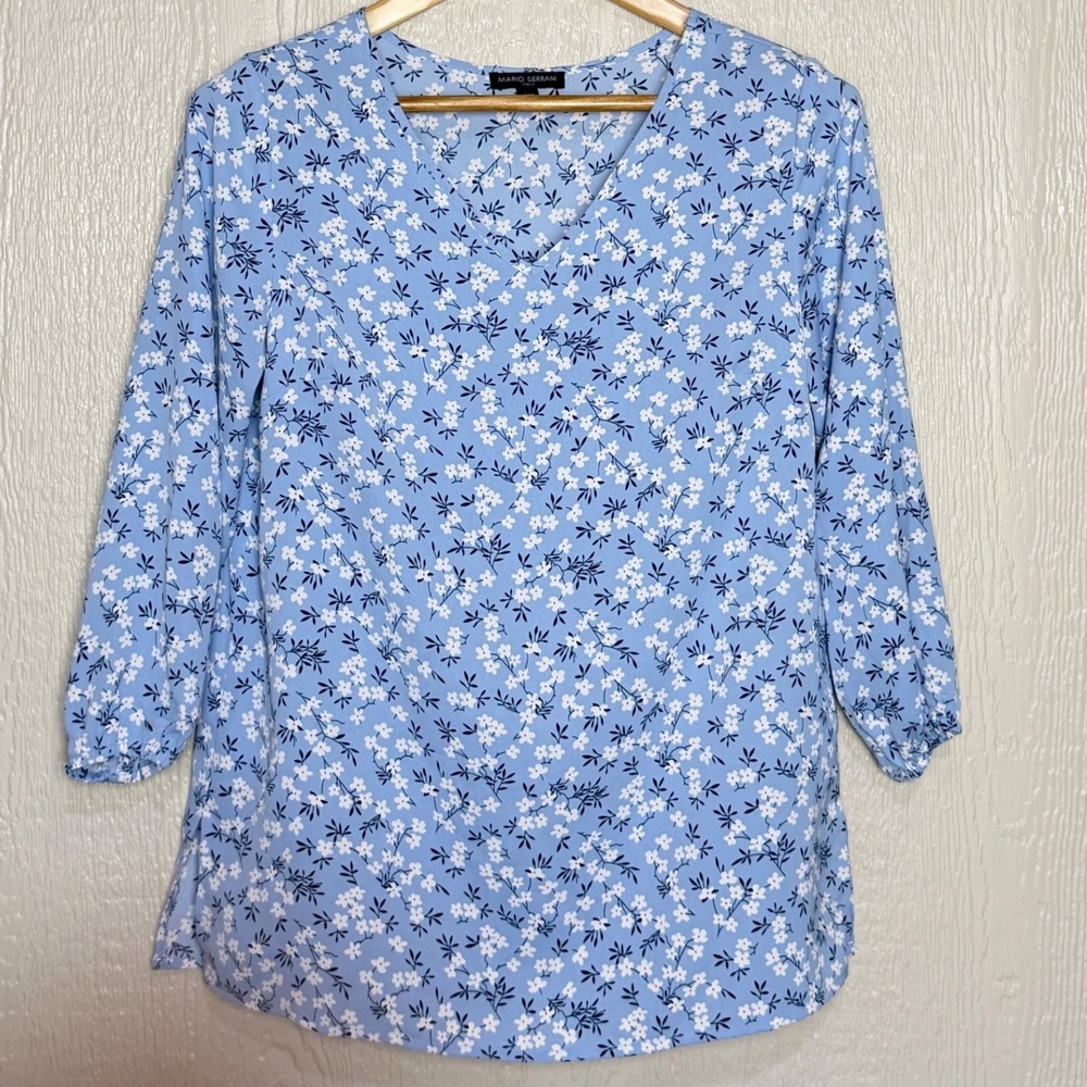 Mario Serrani Italy Blue Floral V-Neck 3/4 Sleeve Blouse Top Boho Small